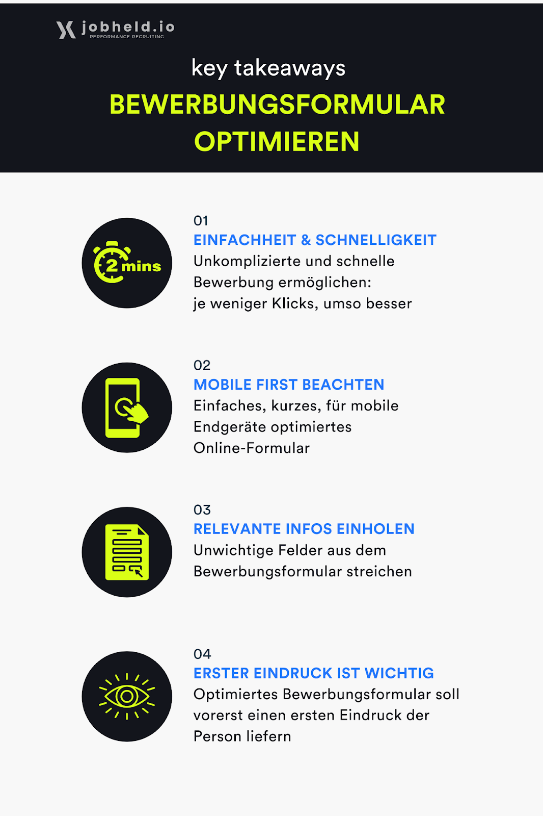 Optimieren Sie Ihr Bewerbungsformular! Es gilt die Faustregel: Je weniger Klicks es braucht, umso besser. Unkompliziert und schnell – so geht Bewerben im Zeitalter des Performance Recruiting.