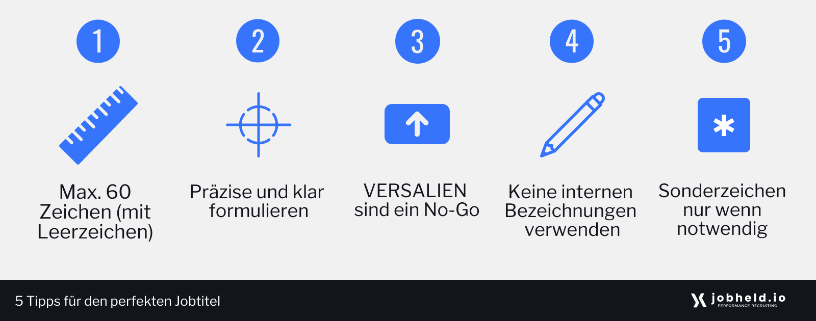 5 Tipps für den perfekten Jobtitel: max. 60 Zeichen (mit Leerzeichen), präzise und klar formulieren, Versalien sind ein No-Go, keine internen Bezeichnungen verwenden, Sonderzeichen nur wenn notwendig