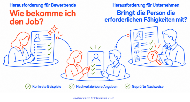 Zwei Perspektiven im Recruiting: Für Bewerbende lautet die Herausforderung „Wie bekomme ich den Job?“, für Unternehmen „Bringt die Person die erforderlichen Fähigkeiten mit?“. Verbunden werden beide Seiten durch konkrete Beispiele, nachvollziehbare Angaben und geprüfte Nachweise.